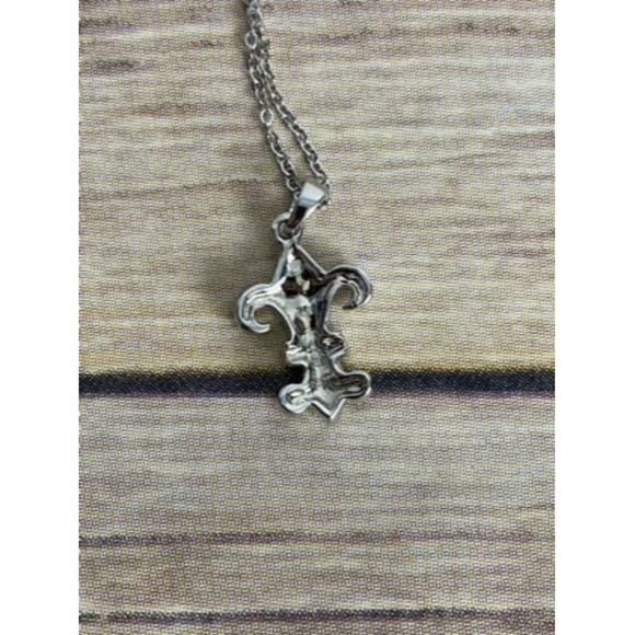 Fleur-de-lis Pendant Necklace Embellished Rhinestones Textured Chain 10" NEW - Picture 5 of 5